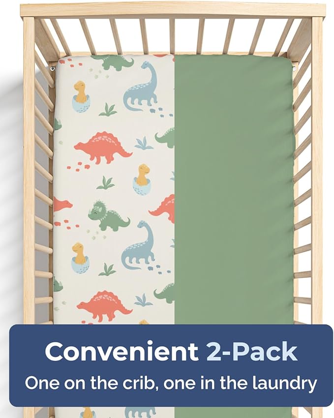 2-Pack Mini Crib Sheets Fitted - Pack N Play Sheets for Pack and Play Mattress - Stretchy Soft Microfiber Playard Bedding - Mini Toddler Bed Cover for Boys & Girls - Oeko-Tex - 38 x 24in, Dino Land