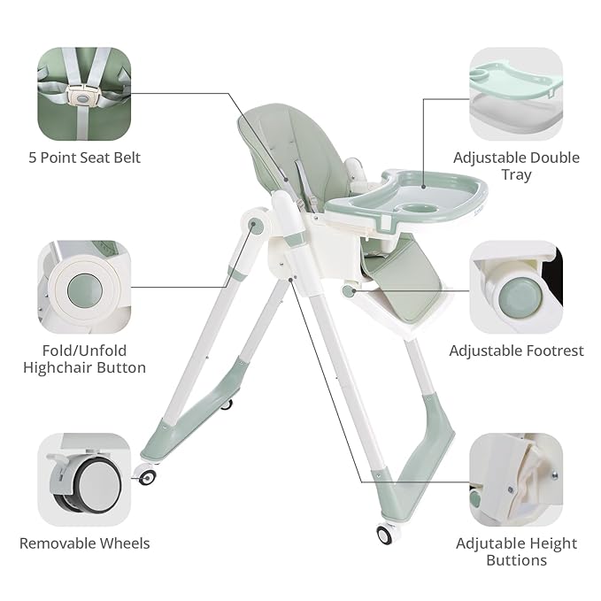 Sunchild 3-in-1 Baby High Chair with Wheels, 5-Point Harness, Tray, Footrest, and Backrest, Foldable and Adjustable for Toddlers 6-36 Months, Green
