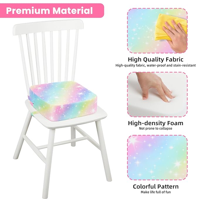 Toddler Booster Seat for Dining Table Kitchen Chair, Kids Booster Seat with Non-Slip Bottom and Adjustable Straps, 4" Detachable Washable Portable Travel Increasing Cushion (Rainbow)