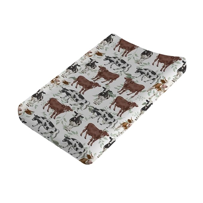 Farm Cows Boho Leaves Changing Pad Cover Watercolor Cows Green Leaves Baby Diaper Changing Pad Cover for Boys Girls Soft Breathable Stretch Fitted Baby Changing Pad Covers 32''x16''