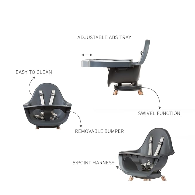Childhome Evolu One.80° 2 in 1 Baby High Chair with 180° Swivel, Adjustable Height Baby High Chair, Sleek Modern with Beechwood Legs, Anthracite