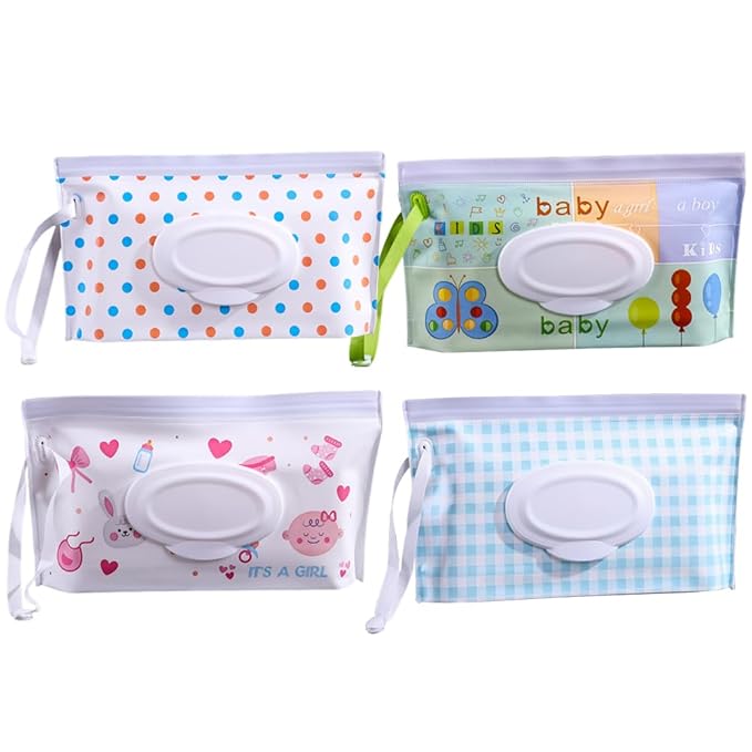 4PCS Baby Wipes Dispenser Travel Baby Wipe Holder Portable Wet Wipe Dispenser Bag Reusable Travel Baby Wipes Container Refillable Wet Wipe Carrying Case Holder Wet Wipe Pouch
