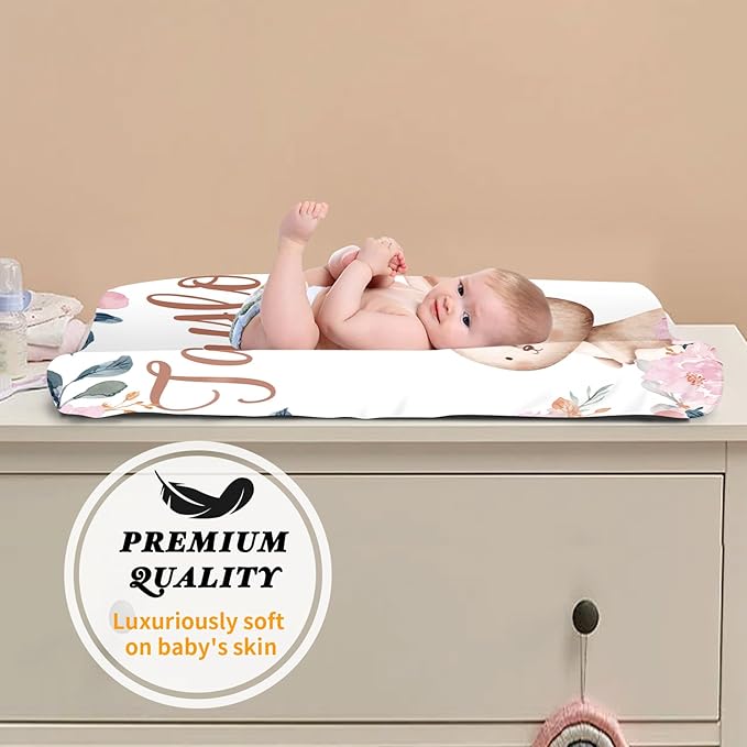 Custom Changing Pad Cover Set - Jersey Knit Comfy CozyUltra Soft Unisex Diaper Changing Table Covers with Personalized Name for Baby Boys Girls - Waterproof Ultra Soft 4 Pcs Set Style04