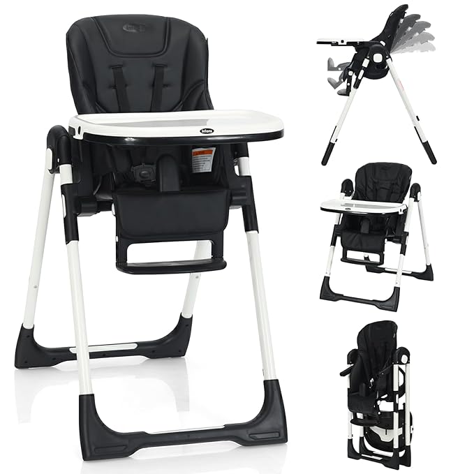 INFANS High Chair for Babies & Toddlers, Foldable Highchair with Multiple Adjustable Backrest, Footrest and Seat Height, Removable Tray, Detachable PU Leather Cushion, Built-in Rear Wheels (Black)