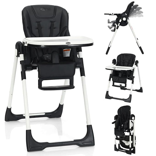 INFANS High Chair for Babies & Toddlers, Foldable Highchair with Multiple Adjustable Backrest, Footrest and Seat Height, Removable Tray, Detachable PU Leather Cushion, Built-in Rear Wheels (Black)