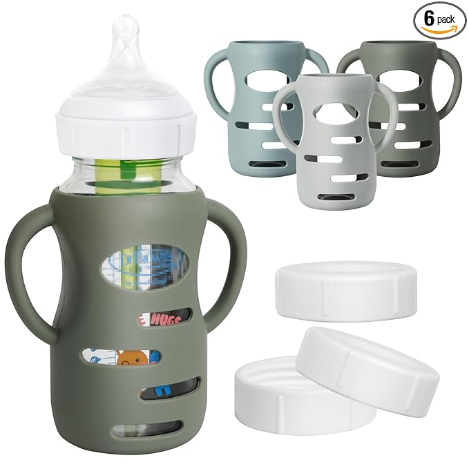 3 Pack Silicone Sleeves for Dr Brown Wide-Neck Glass Baby Bottles, Food GradeAnti Breakage Baby Bottle Holder with Handles and 3pcs Travel Bottle Caps, 9oz