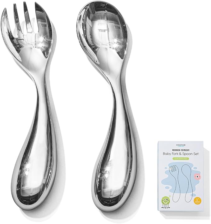 KINGSTONE Toddler Utensils Set, 18/10 Stainless Steel Kids Silverware Set with Curved Handle, All-Metal Baby Fork and Spoon, Safe Children's Flatware, Dishwasher Safe, Mirror Polished (2-Piece)