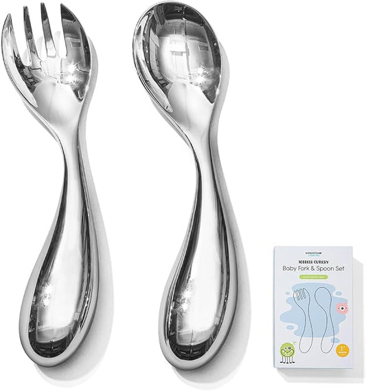 KINGSTONE Toddler Utensils Set, 18/10 Stainless Steel Kids Silverware Set with Curved Handle, All-Metal Baby Fork and Spoon, Safe Children's Flatware, Dishwasher Safe, Mirror Polished (2-Piece)