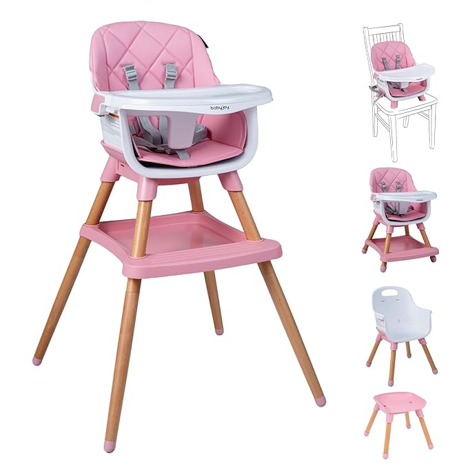 BABY JOY 8-in-1 High Chair, Convertible Wooden Highchairs for Babies and Toddlers | Dining Booster Seat | Toddler Stool, Double Removable Tray, 5-Point Safety Harness & Waterproof PU Cushion (Pink)