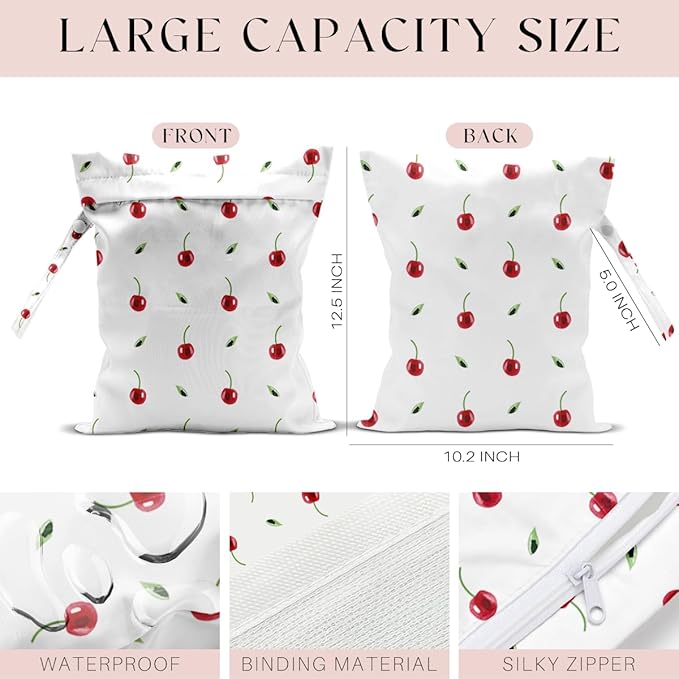 Wet Bag, Wet Dry Bag, Waterproof Swim Bags, Machine Washable Reusable Bags for Beach, Pool, Diapers, and Dirty Yoga Gym Clothes(Minimalist Red Cherry & Leaf Pattern