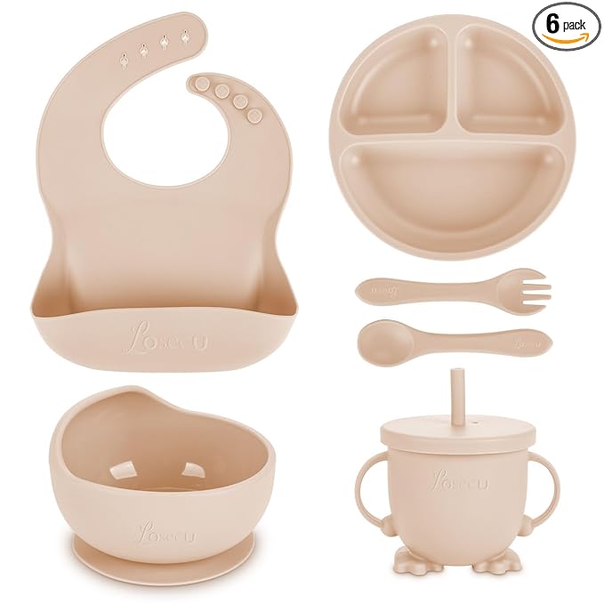 Silicone Feeding Set with Bib, Spoon, Fork, Sippy Cup - Baby Led Weaning Supplies
