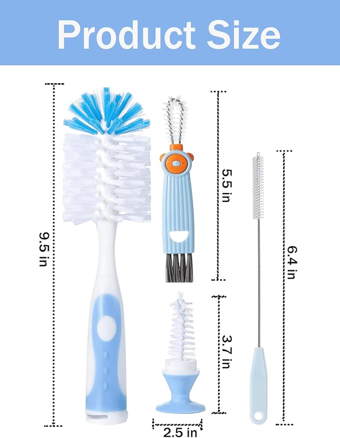 Baby Bottle Brush Set 4 in 1, Baby Bottle Cleaner, with 1P Nylon Bottle Brush, 1P Bottle Cap Brushes, 2P Straw Brushes, Bottle Brush with Nipple Cleaner and Suction Cup, BPA-Free(Blue)
