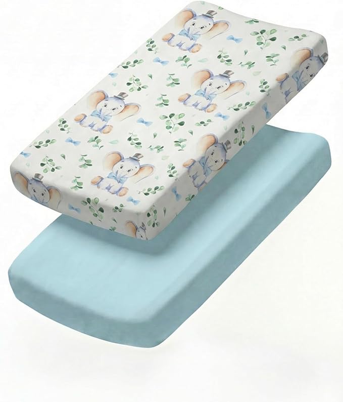 Changing Pad Cover - Pack of 2 Soft Unisex Diaper Change Microfiber Table Sheets - Fits 32"x16" Contoured Pad - Changing Pad Cover for Baby Boys & Girls - Snug, Machine Washable - Oeko-Tex, Elephant
