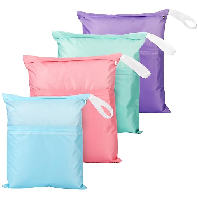 Frienda 4 Pieces Cloth Diaper Wet Dry Bag, Waterproof Reusable Washable Bag for Baby Items and Travel Zippered Pockets with Handle, Beach, Swimsuit, Dirty Gym Clothes and Toiletries(Macaron)