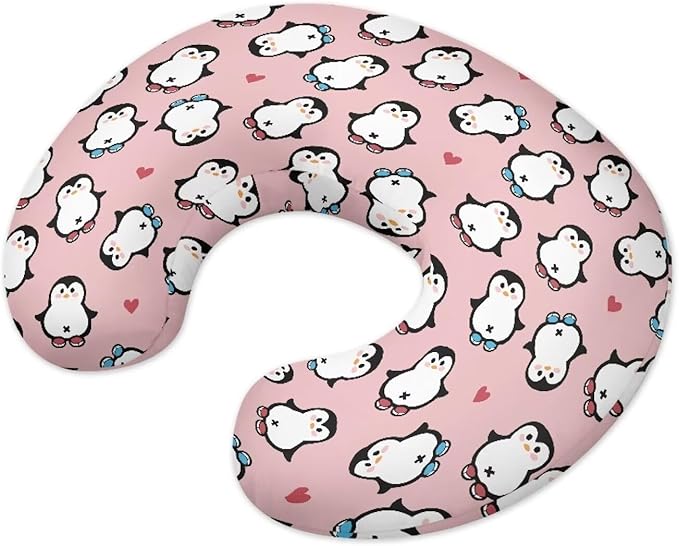 Pink Cartoon Penguin Nursing Pillow Covers U-Shaped Feeding Pillow Cover for Nursing Pillow Hidden Zipper Design Soft and Skin-Friendly