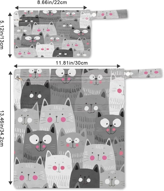 Wet Dry Bags Grey Cats Waterproof Wet Bag Animal Kitten Reusable Bags for Swimsuits Cloth Diapers Beach Pool Gym Travel Baby Item 2 Pcs