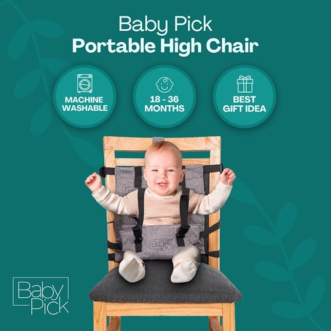 Portable High Chair for Travel by Baby Pick – Harness Seat, Foldable & Lightweight Gear, Adjustable Straps for Babies & Toddlers, Compact & Secure, Machine-Washable, Must-Have Baby Travel Essential