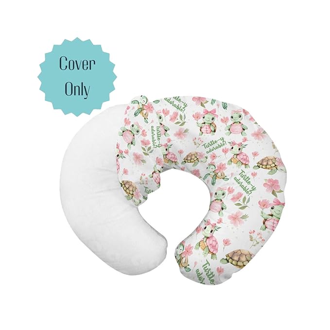 Baby Girls Nursing Pillow Cover Sea Turtle Pink Green Floral, Turtley Adorable Flower Breastfeeding Pillowcase, Bottle Feeding Pillow Slipcover Shower Gift Cover Only