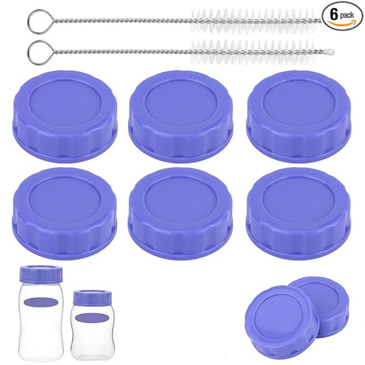 6pcs Baby Bottle Caps for Pigeon & Lansinoh Bottles, Leak Proof Travel and Storage Replacement Tops Lids Covers with Cleaning Brushes Accessories (Purple)