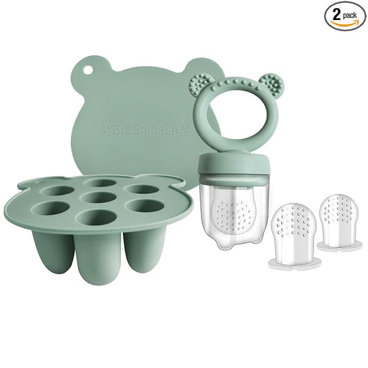 BigSpinach Silicone Baby Food Freezer Tray with Teething Popsicle Molds - Baby Fruit Feeder and Breastmilk Teether Combo