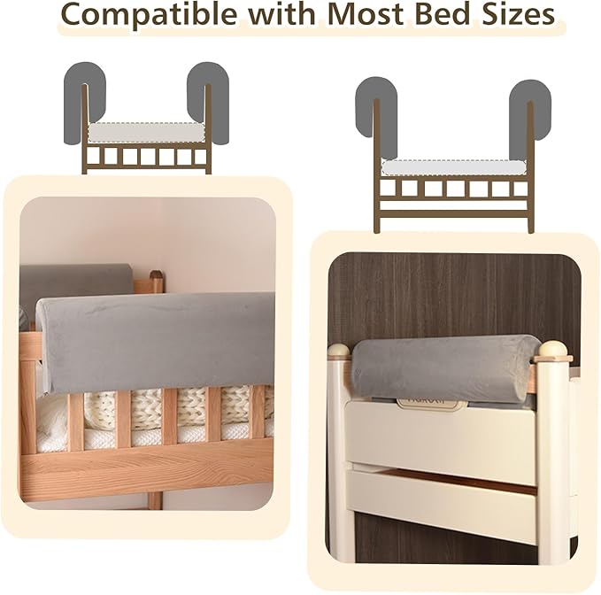 Toddlers' Bed Rail Bumpers Protector, Children's Bed Guardrail Padding, Soft Cushioned Barrier, Increased Height, Easy to Install, Washable Cover, Fits Floor, Bunk & Loft, 3 Ft, Gray, 1Pack