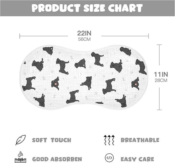 vvfelixl Muslin Burp Cloths Black Pug White Baby Washcloths for Baby Girl Boys 2 Pack