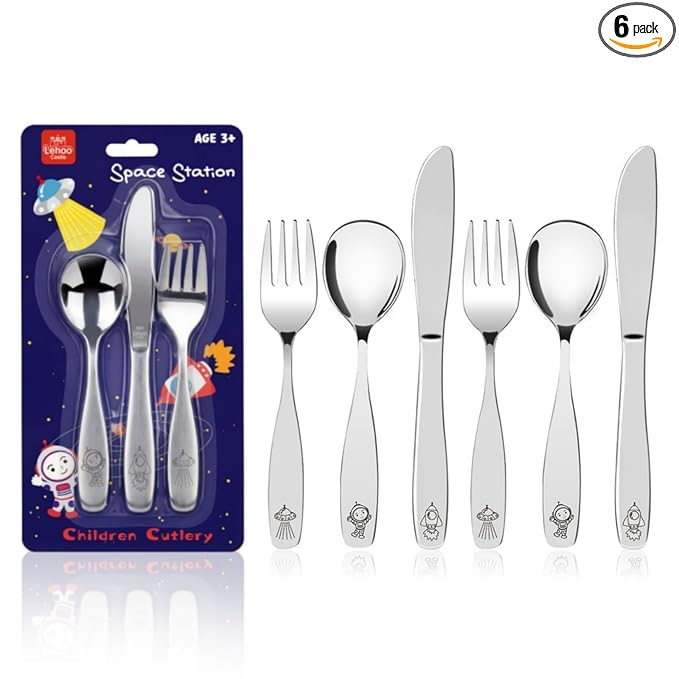 Lehoo Castle Toddler Eating Utensils 6-Piece | Stainless Steel Kids Utensils for Ages 3+, Toddler Spoons and Forks Knife Set, Children Safe Flatware for Self Feeding (Space)