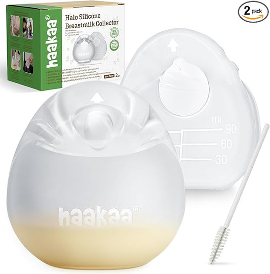 haakaa Halo Silicone Breast Milk Collector - Wearable Manual Breast Pump for Breastfeeding, Hands Free Reusable Breast Milk Shells with Cleaning Brush - 3oz/90ml, 2 Count