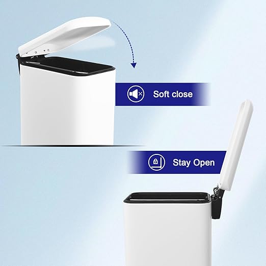 Small Bathroom Trash Can with Lid, 5L/ 1.3 Gallon Trash Can with Removable Inner Bucket, Slim Trash Can with Soft Close lid, Stainless Steel Step Pedal Garbage Can for Bathroom, Office, White