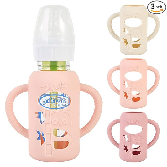 MINMUNJIU 3 Pack Silicone Sleeves for Dr. Brown's Glass Baby Bottles, Anti Breakage Baby Bottle Holder with Handles for Baby Girls, Compatible with Dr. Brown's Glass Baby Bottle, 4 oz/120 mL