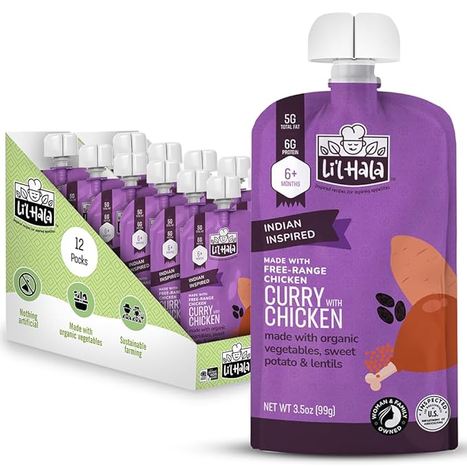 Li'l Hala Chicken Baby Food Meat Pouch | Indian Curry (12 ct) | 6+ Months Savory Baby Food Pouches with Protein and Organic Veggies, Toddler Snacks with Iron & Fiber | Stage 2 Meat Puree