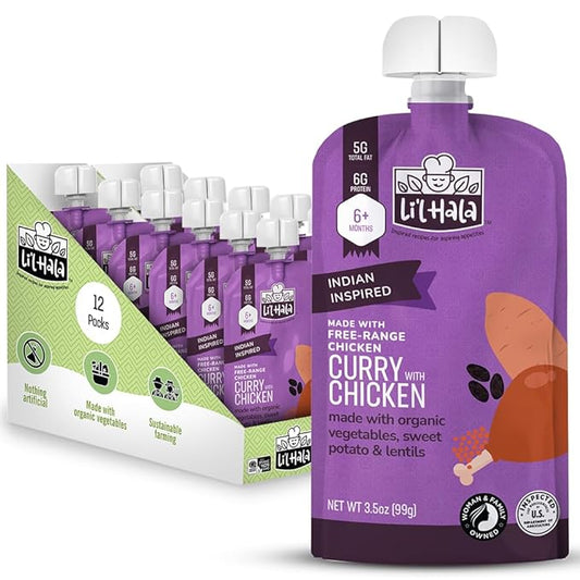 Li'l Hala Chicken Baby Food Meat Pouch | Indian Curry (12 ct) | 6+ Months Savory Baby Food Pouches with Protein and Organic Veggies, Toddler Snacks with Iron & Fiber | Stage 2 Meat Puree