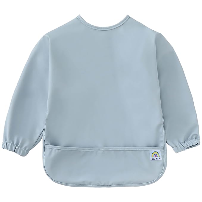ARI MES Waterproof Long Sleeve Baby Bib for Eating-Blue, Small-Toddler Smock with Catch-All Pocket, BPA Free, Machine Washable, Wearable Feeding Bib for Boys & Girls 6-72 Months