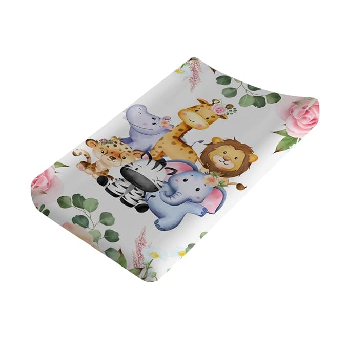 Changing Pad Cover Jungle Safari Animals Tropical Leaves Flowers Baby Change Table Pad Cover for Boys Girls Cute Animals Soft Stretchy Snug Fitted Baby Diaper Changing Sheets Cover 32''x16''