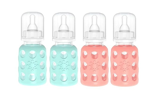 Lifefactory Glass Baby Bottle BPA Free | Protective Silicone Sleeve | 4 oz Pack of 4 | Mint & Cantaloupe