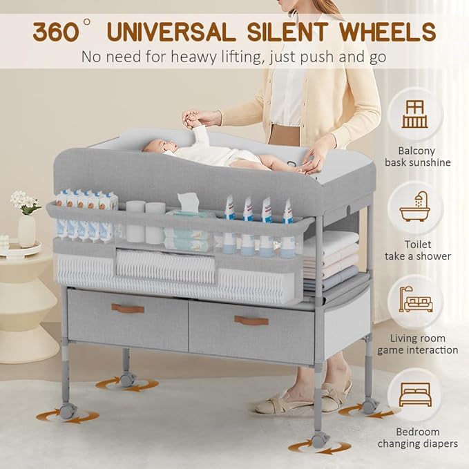 Diaper Changing Station, Portable Changing Table for Baby, Diaper Changing Table with Storage Drawers, Waterproof Baby Changing Station with Wheels and Adjustable Height for Newborn Infant (Grey)