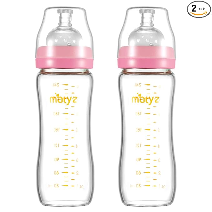 Matyz Glass Breastmilk Baby Feeding Bottle with Nipple, 2 Pack, 8 oz Slim and Light Bottle Easy to Hold, Food Grade Borosilicate Glass, Wide Neck Easy to Clean, No BPA (Pink Lids)