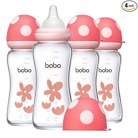 YOHKOH Natural Glass Baby Bottle with Level 2 Medium Flow Nipple, Newborn Anti-Colic Baby Bottles, Wide Neck Mushroom Baby Glass Bottle (Red, (8.8oz (Pack of 4))
