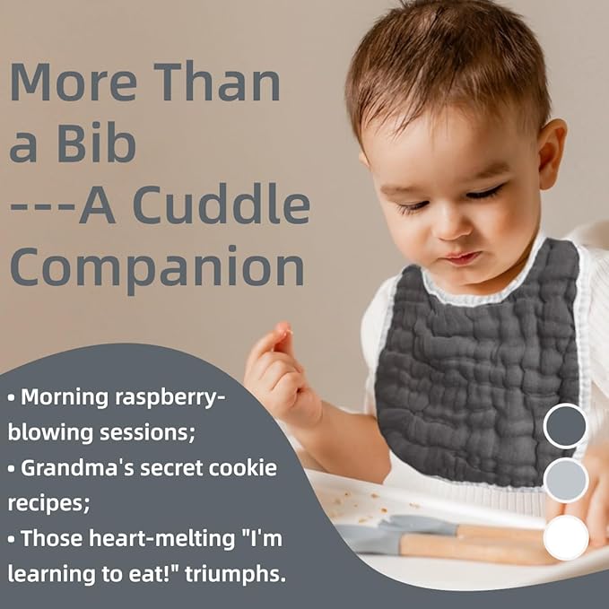 MUKIN Baby Muslin Bibs and Burp Cloths, 6 Pack, Soft Absorbent Cotton, Adjustable