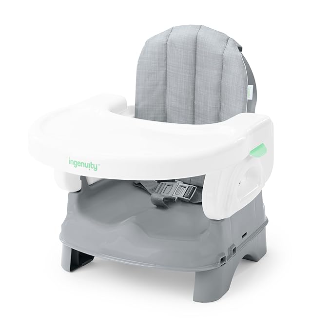 Ingenuity Deluxe Comfort Booster Seat for Kitchen Chair, Compact Fold, Portable, Lightweight, Toddler Booster Seat for Dining Table, from 6 Months to 3 Years – Grey