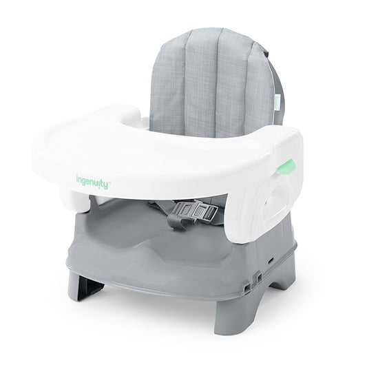 Ingenuity Deluxe Comfort Booster Seat for Kitchen Chair, Compact Fold, Portable, Lightweight, Toddler Booster Seat for Dining Table, from 6 Months to 3 Years – Grey