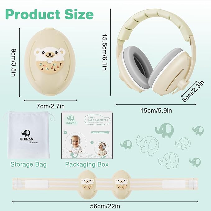 BEBOAN 2-in-1 Baby Ear Muffs Noise Protection for Babies 0-36 Months, Noise Cancelling Headphones for Baby, Infant Newborn Ear Protection Headphones for Airplane Travel, Sound Proof Headphones, Beige