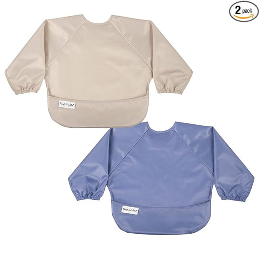 Tiny Twinkle Long Sleeve Bib for Babies & Toddlers | 2-Pack Waterproof Smock Bib for Eating | Machine Washable & Mess-Proof Feeding Essentials | Newborn Shower Gift (Periwinkle Putty,2-4Y)