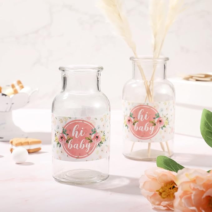 48 Pieces Pink Baby Shower Water Bottle Labels Floral Baby Shower Decorations Waterproof Water Bottle Stickers Wrappers for Pink Floral Themed Baby Shower Favors