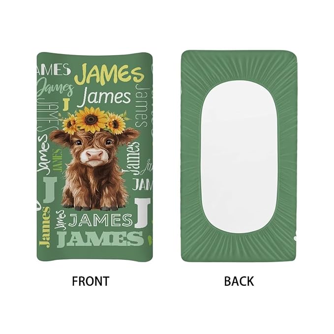 Personalized Highland Cow Changing Pad Covers with Name Sunflower Fitted Diaper Changing Table Cover Set Soft Changing Pad Sheets for Standard Changing Pad 16" x 32"