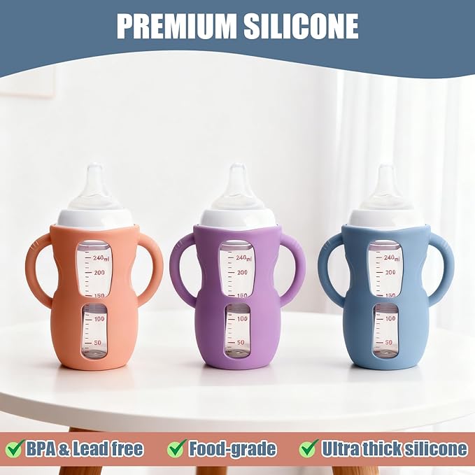 3 Pack Silicone Sleeves with Handle for Avent Baby Bottles,Drop Protection Baby Bottle Sleeves are Used for Philips Avent Glass Natural Baby Bottle 8 oz