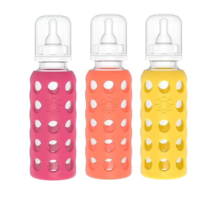 Lifefactory Glass Baby Bottle BPA Free | Protective Silicone Sleeve | 9 oz Pack of 3 | Raspberry, Papaya, Mango