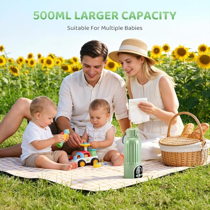 Portable Bottle Warmer for Travel, 12000mAh Rechargeable Baby Bottle Warmer, Instant Breastmilk Large 17oz Capacity, Precise Temperature Control(77–131°F) for Travel, Outdoor - Fast 2.5 Min Heating