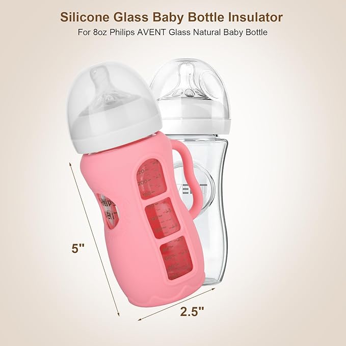 Silicone Sleeves with Handles for Avent Natural Glass Baby Bottle, Compatible with Philips Avent Anti Colic Baby Bottles 8 oz, Anti Breakage Baby Bottle Holder Cover, Sleeve Only, Pink