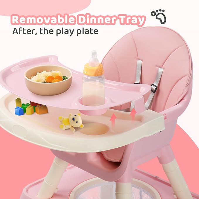 JOYMOR 7 in 1 High Chair for Babies and Toddlers, Convertible Kids Learning Table and Chair with Large Baske for Storage (Pink)